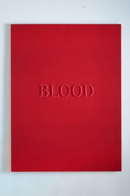 BLOOD - 2022. Thread on fabric -120x90x2cm / 47x35x0,78 in"